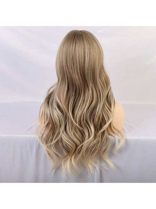 Women\'s Ash Blonde Resistant Long Curly Wavy Synthetic Wig with Bangs Size 26In main image 7